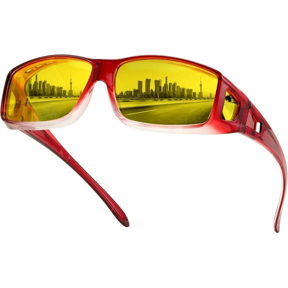 FEISEDY Men Women Night Driving Glasses Fit over Glasses Anti-Glare Polarized Wrap Yellow Sunglasses Over Glasses B2593