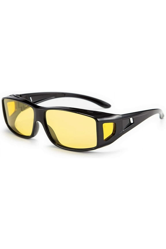 Men Women Night Driving Glasses Fit over Prescription Glasses Anti-Glare Polarized Wrap Yellow Sunglasses Over Glasses B2593