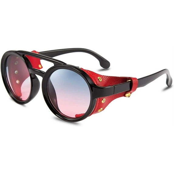 FEISEDY Retro Round Steampunk Sunglasses Women Men Vintage Eyewear Light Plastic Frame with Leatherwear B2532