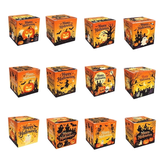 FEISHENTT 12Pcs Halloween Paper Gift Boxes, Candy Cake Gift Goodie Packing Boxes Pumpkin Ghost Witch Boxes for Halloween Decoration 7cmX7cm
