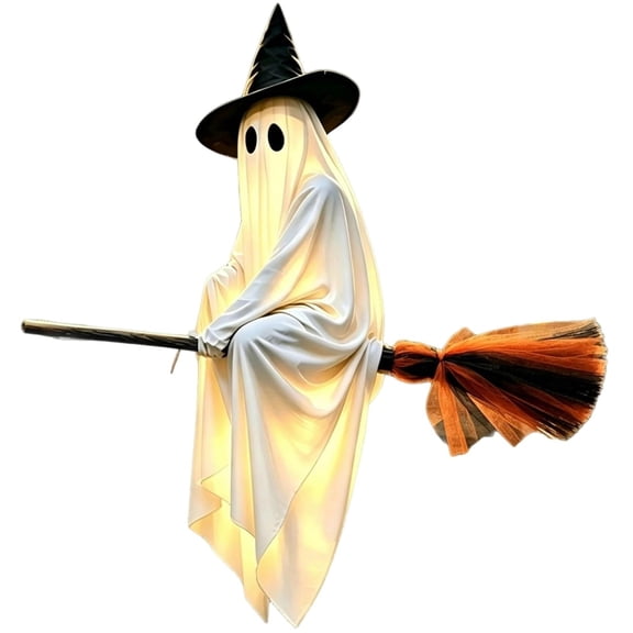 FEISHENTT 5 FT Hanging Ghost Decor,Early Halloween Decorations Light-Up Flying Ghost on Broomstick with Witch Hat, Witch Broom, Spooky Front Porch Yard Tree