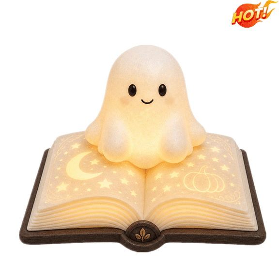 FEISHENTT Ghost Lamp,Ghost Reading Book Lamp,Cute Ghost Reading Book Lamp,Halloween Night Light,Warm LED Ghost Figurine for Home Decor,Battery-Powered Shelf & Mantel