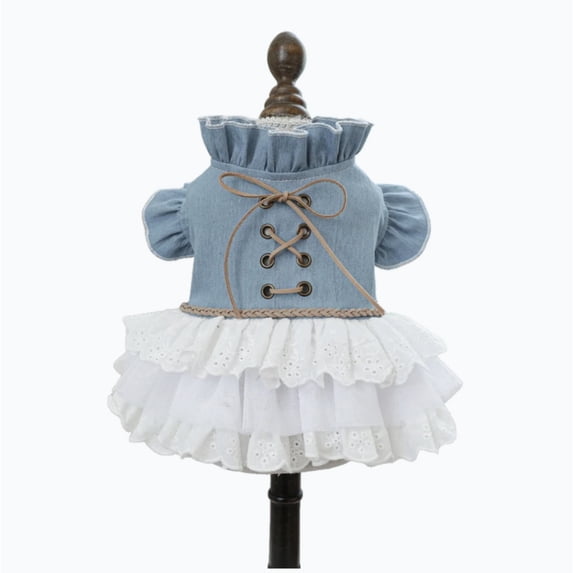 FEISHENTT Girl Dog Denim Dress with Flared Sleeves Dog Jeans Jacket Blue White Puppy Clothes for Small Dogs Cat Apparel Cake Skirt Pet Outfit E One Size