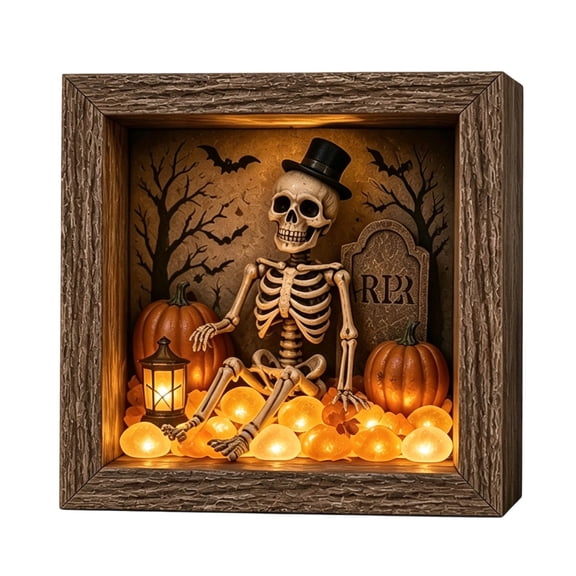 FEISHENTT Halloween Shadow Box Frame DIY Lighted Craft Kit, Halloween Decorations Indoor, Memory Box Display Case with Glass & Wooden Frame 21.5cm