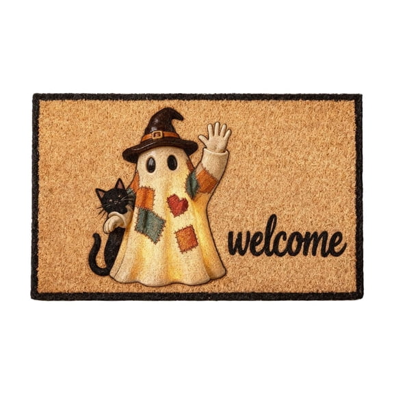 FEISHENTT Halloween Welcome Mat Patchwork Ghost Black Cat Welcome Coir Doormat Halloween Front Door Entrance Floor Mat 50x80cm