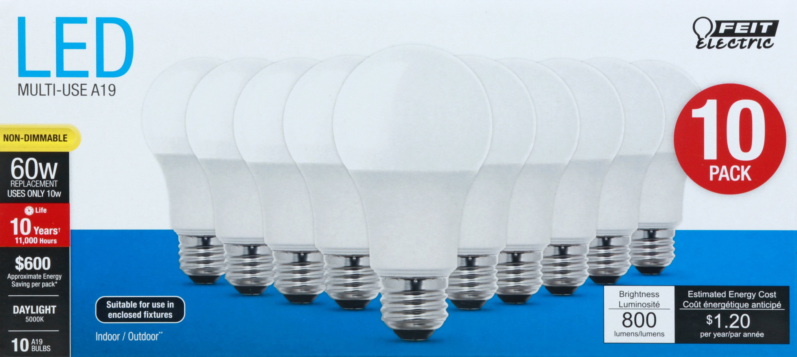 FEIT 60W LED Bulbs Non Dimmable 800L 5K 10PK