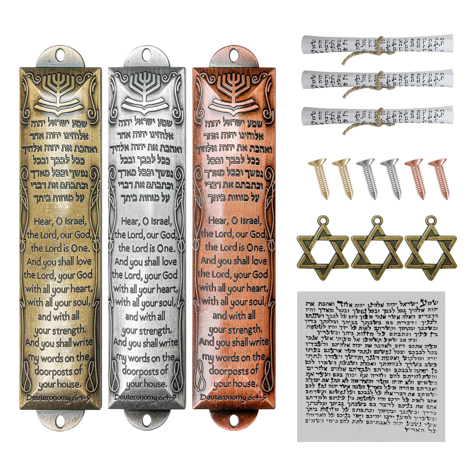 Pewter Mezuzah Case With Scroll - 4 Inch Jewish Door Mezuzah With Star Of David & Menorah
