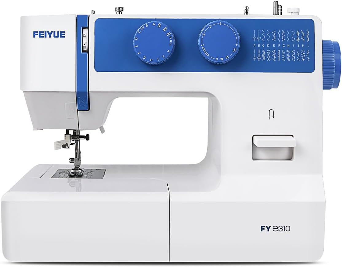 FEIYUE FYe310 Domestic Sewing Machine with Foot Pedal, Controllable Speed, Stabilized Stitch, 105 Stitch Applications, Powerful Servo Motor (Blue)
