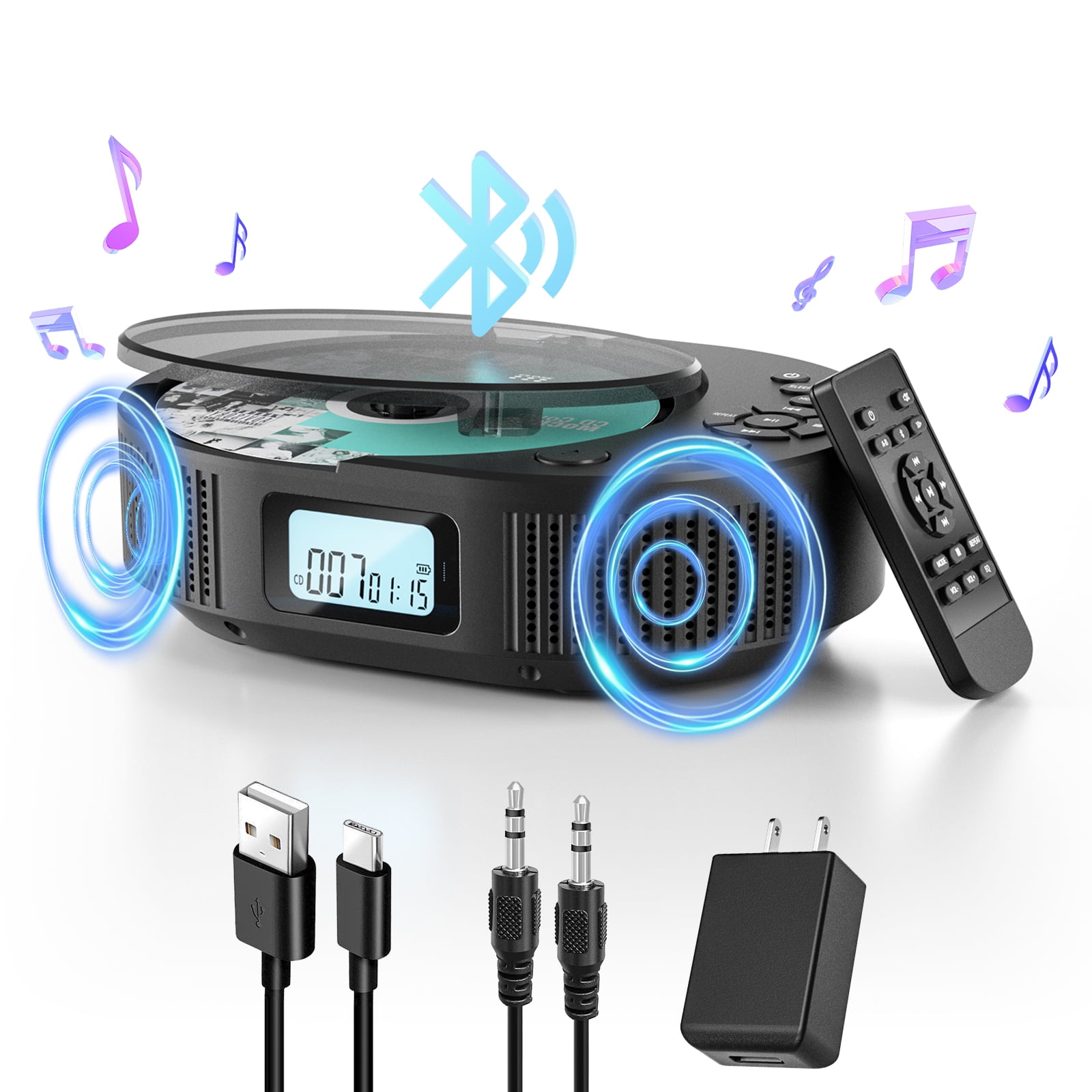 FELEMAN 2 in 1 Portable CD Player & Bluetooth Speaker, Rechargeable CD Boombox, FM Radio-Black