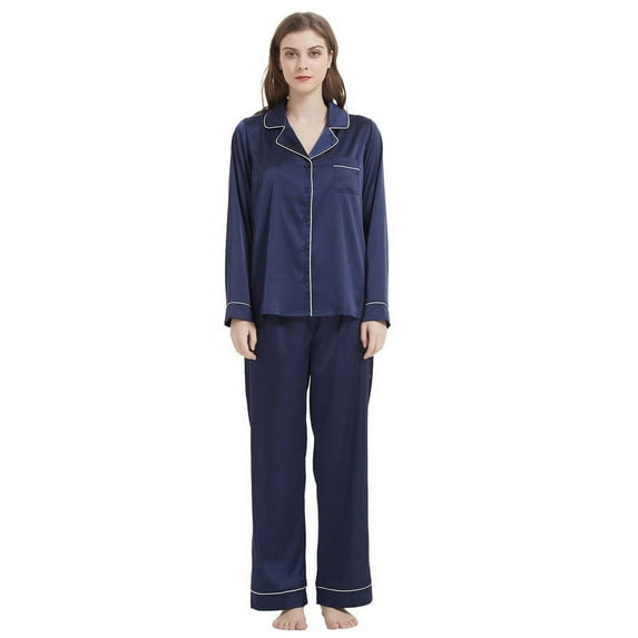 FELFEMO Womens Satin Pajamas Loungewear Two-piece Sleepwear Button-Down Pj Set