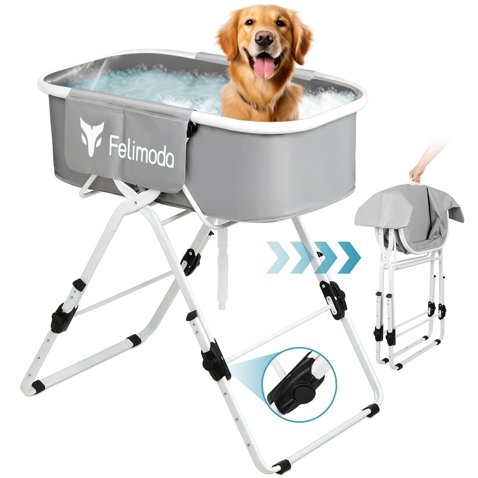 FELIMODA Elevated Dog Bathtub, Foldable Pet Washing Station with 5 Adjustable Heights, Portable PVC Dog Bath with Storage, up to 140 lbs, Grey
