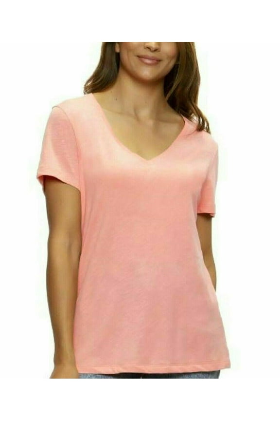 Ladies' V-Neck Short Sleeve Top, Candle Light Peach Medium