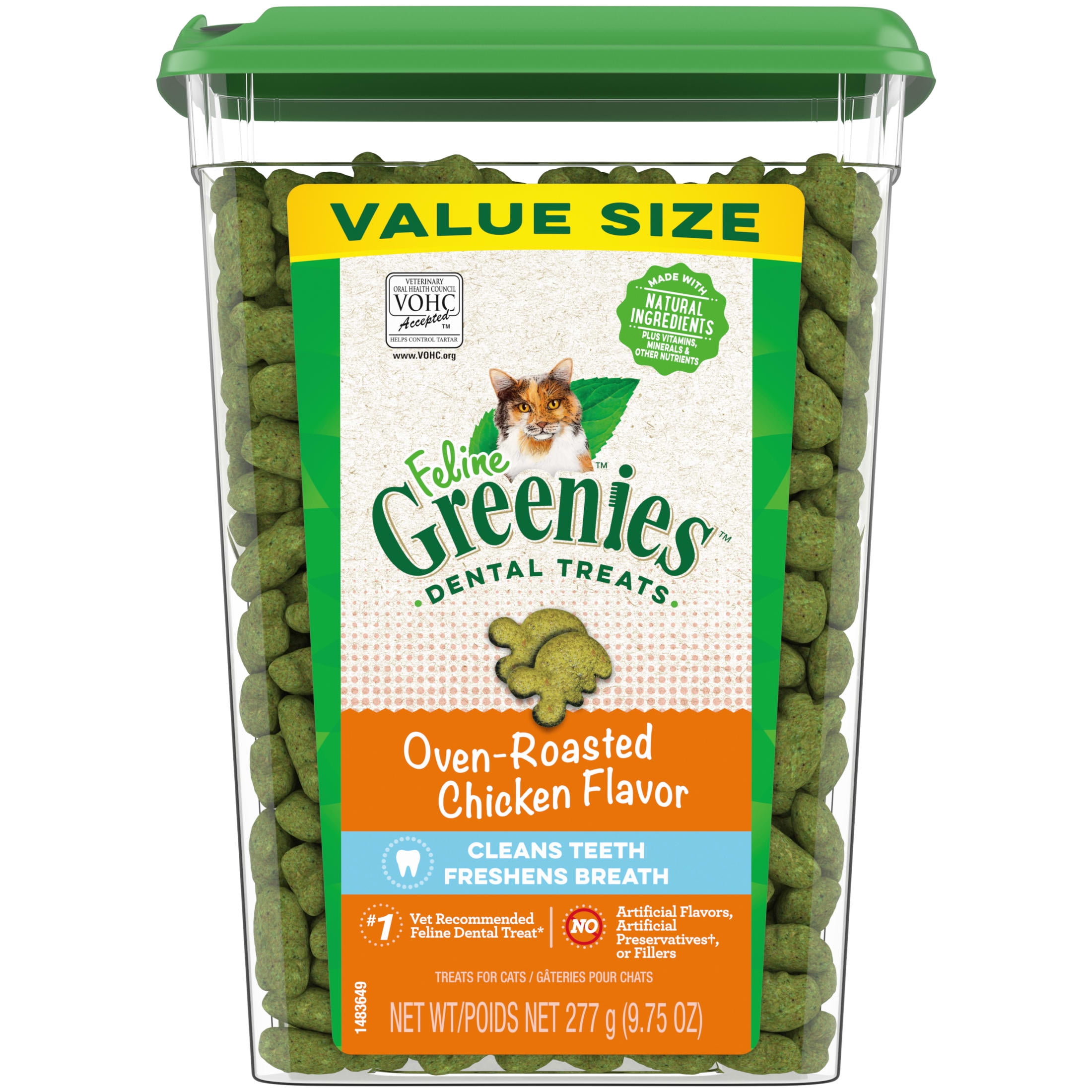 Feline Greenies Adult Natural Dental Care Cat Treats Oven Roasted Chicken Flavor 9.75 Oz Tub
