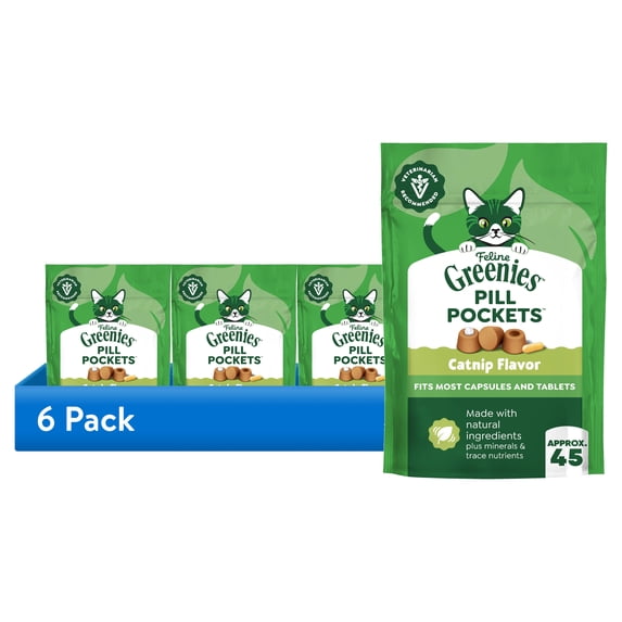 (6 pack) Feline Greenies Pill Pockets For Cats Natural Soft Cat Treats, Catnip Flavor, 1.6 Oz Pack (45 Treats)
