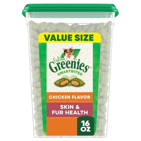 Greenies Feline Smartbites Chicken Flavor Skin & Fur Health Cat Treats, 16 oz Tub