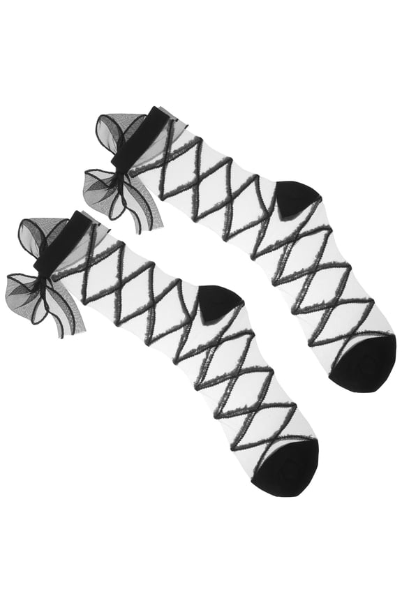 1 Pair Bow Socks for Women Black Polyester and Glass Fiber for Casual Wear and Cosplay 13.9X3.9X0.1in