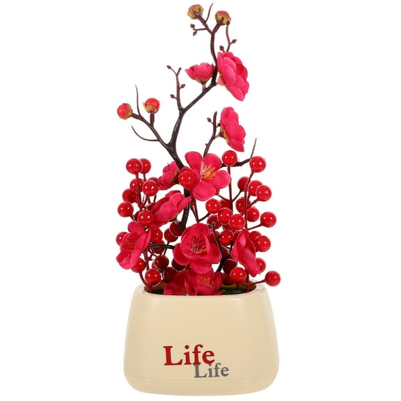 FELTECHELECTR 1Pack Artificial Fortune Tree Fruit Desktop Artificial Potted Plum Blossom Flower Rosy Plastic Home Decoration