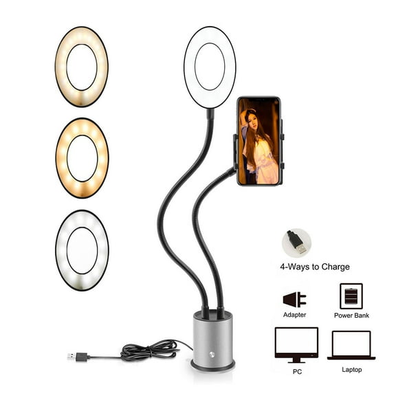 FELTECHELECTR 1Pack White Metal Selfie Ring Light With Flexible Arm For Photography And Vlogging 5.9x2.9x2.4in