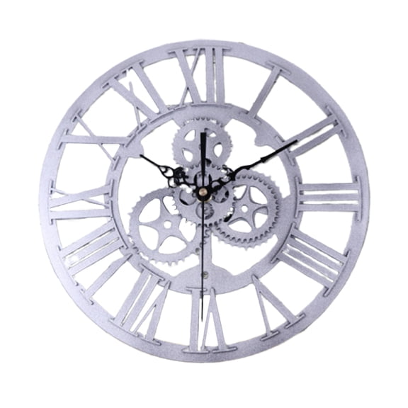 FELTECHELECTR Retro Gear Wall Clock Large Wooden Silver Industrial Style Decor