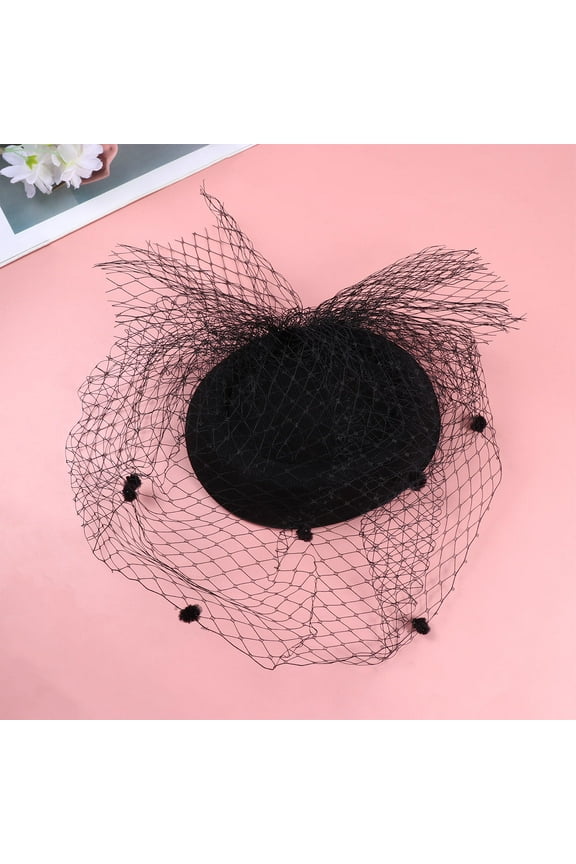1Pcs Black Pillbox Hat with Veil Black Woolen and Mesh Material for Women Funeral Accessory