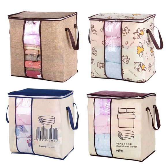 FELTECHELECTR Flaxen Nonwoven Clothes Storage Container with Zipper, Foldable Wardrobe Organizer Box 51x46x28cm