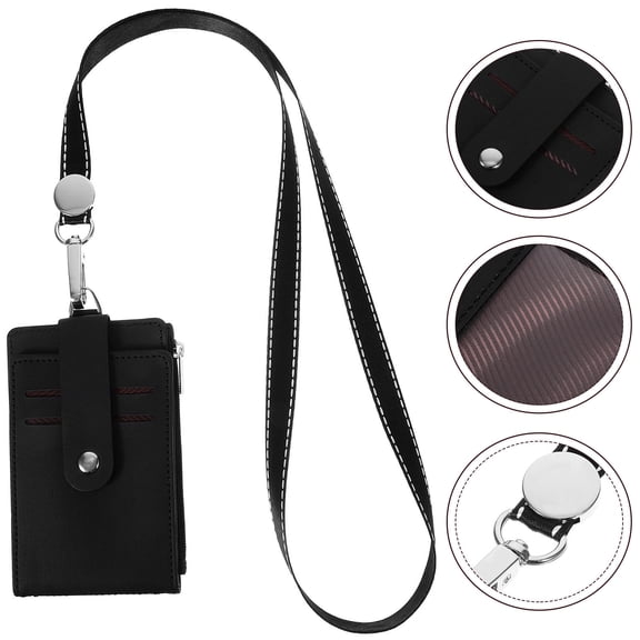 FELTECHELECTR 1Pcs School Cards Keeper Card Holder with Lanyard for Student PU Leather Black 12.00X7.50X0.80CM
