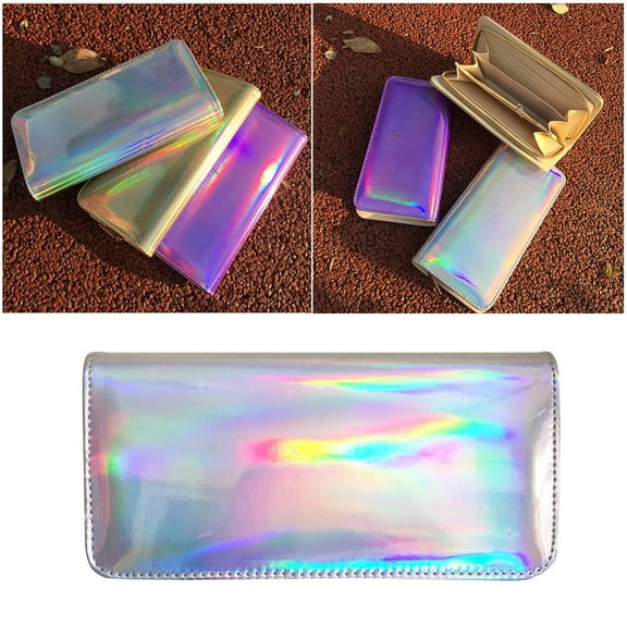 FELTECHELECTR 1Set Compact Wallet Reflective Purse Geometric Design Large Capacity Organizer Silver 8.46X3.93X1.18in