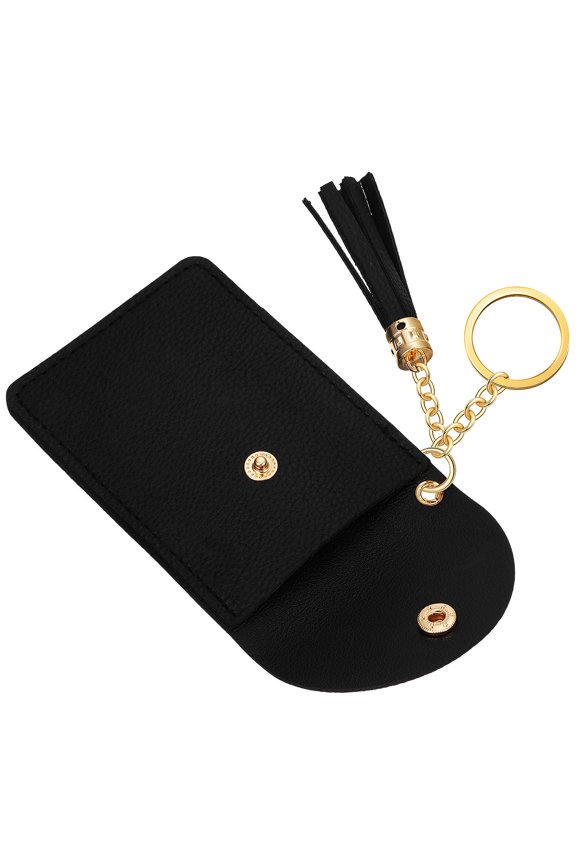 Black Keychain Wallet with Tassel and Button Closure for Credit Card and Coin Storage