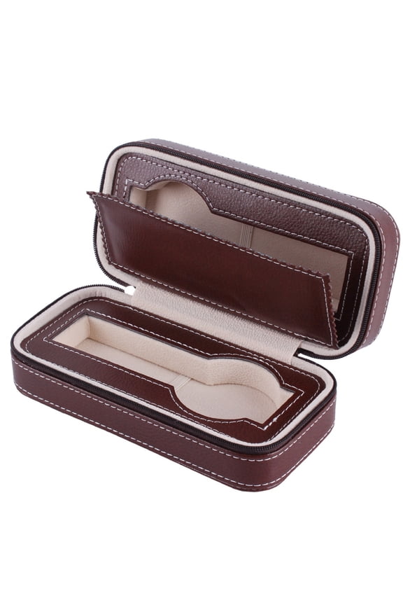 Two Slot Watch Box Organizer Dark Brown with Zipper for Wristwatch Storage