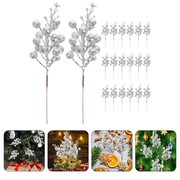 FELTECHELECTR 20Pcs Silver Glitter Berries Stems Tree Branches For Christmas Decor