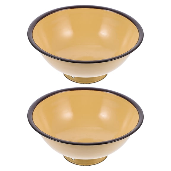 FELTECHELECTR 2Pcs Retro Pattern Yellow Enamel Noodle Bowls Multipurpose Household Kitchen Plates