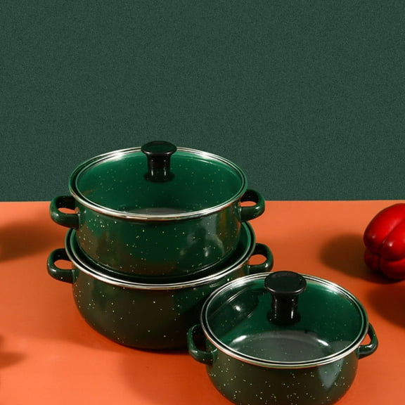 FELTECHELECTR 3Pcs Simmer Pot Set In Green Enamel Finish For Versatile Cooking Needs