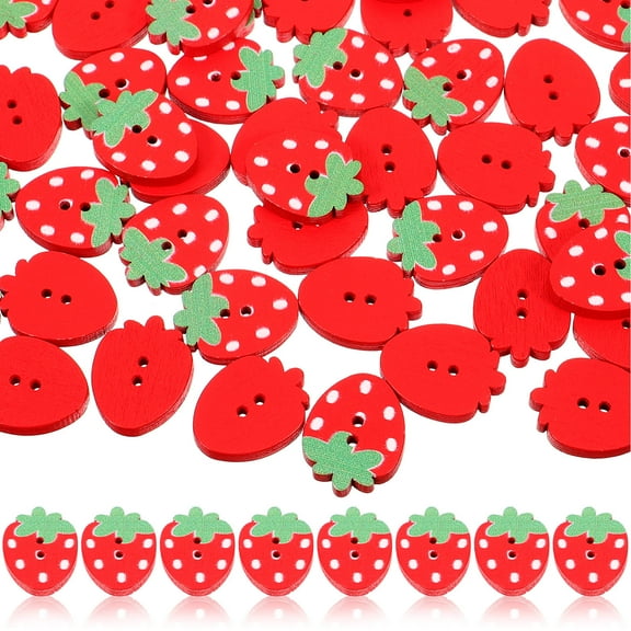 FELTECHELECTR 50 pcs Red Wooden Sewing Buttons Strawberry Shape Double Holes Decorative Buttons for DIY Crafts