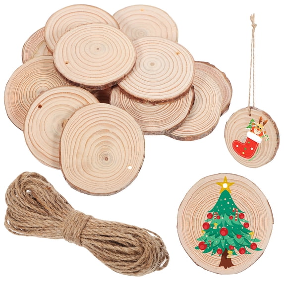 FELTECHELECTR 50pcs Unfinished Wood Slices Diy Craft Wooden Slices Wood Rounds Rustic Home Decors with String