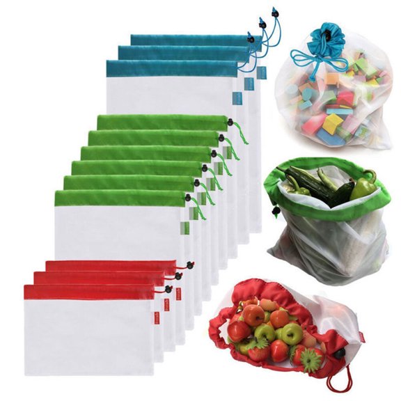 FELTECHELECTR 5Pcs Reusable Mesh Pouch Red Polyester Design for Produce Bags Grocery Shopping and Household Use