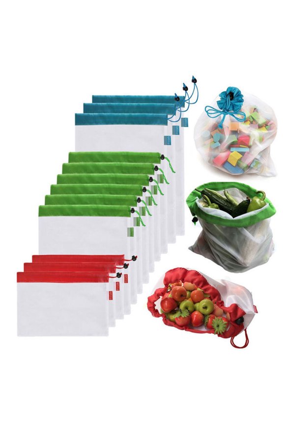 5Pcs Reusable Mesh Pouch Red Polyester Design for Produce Bags Grocery Shopping and Household Use