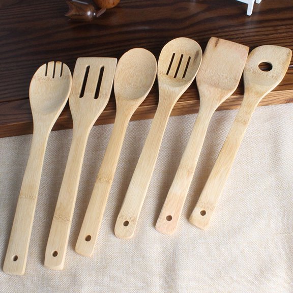 FELTECHELECTR 6Pcs Bamboo Spoons and Slice Set Wooden Kitchen Tools Beige Color for Cooking