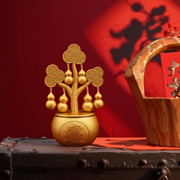 FELTECHELECTR Golden Rotating Feng Shui Money Tree with Wu Lou Coins Decorative Fortune Tree for Home and Living Room