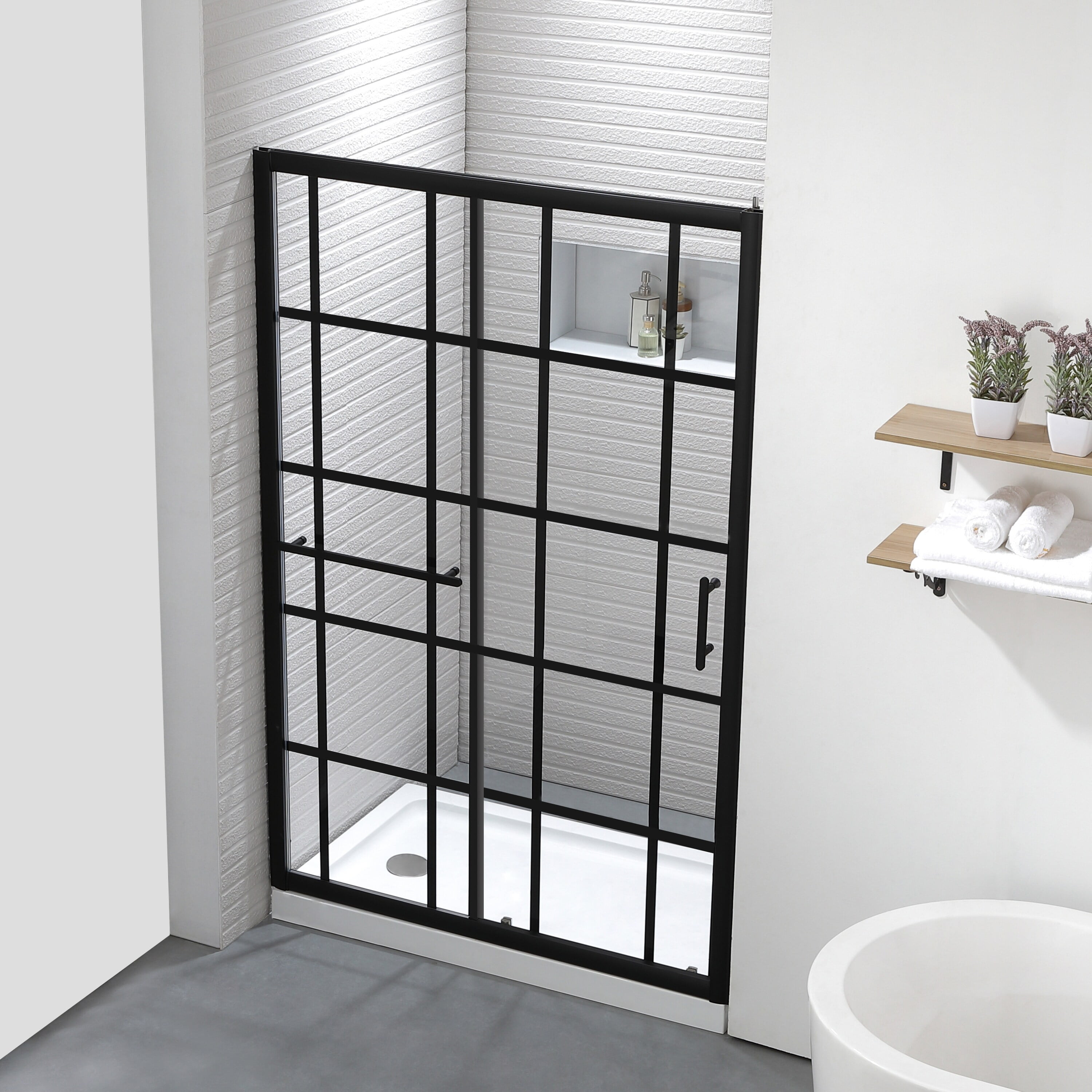 FELYL 48" x 72" Black Framed Sliding Shower Door with Clear Glass