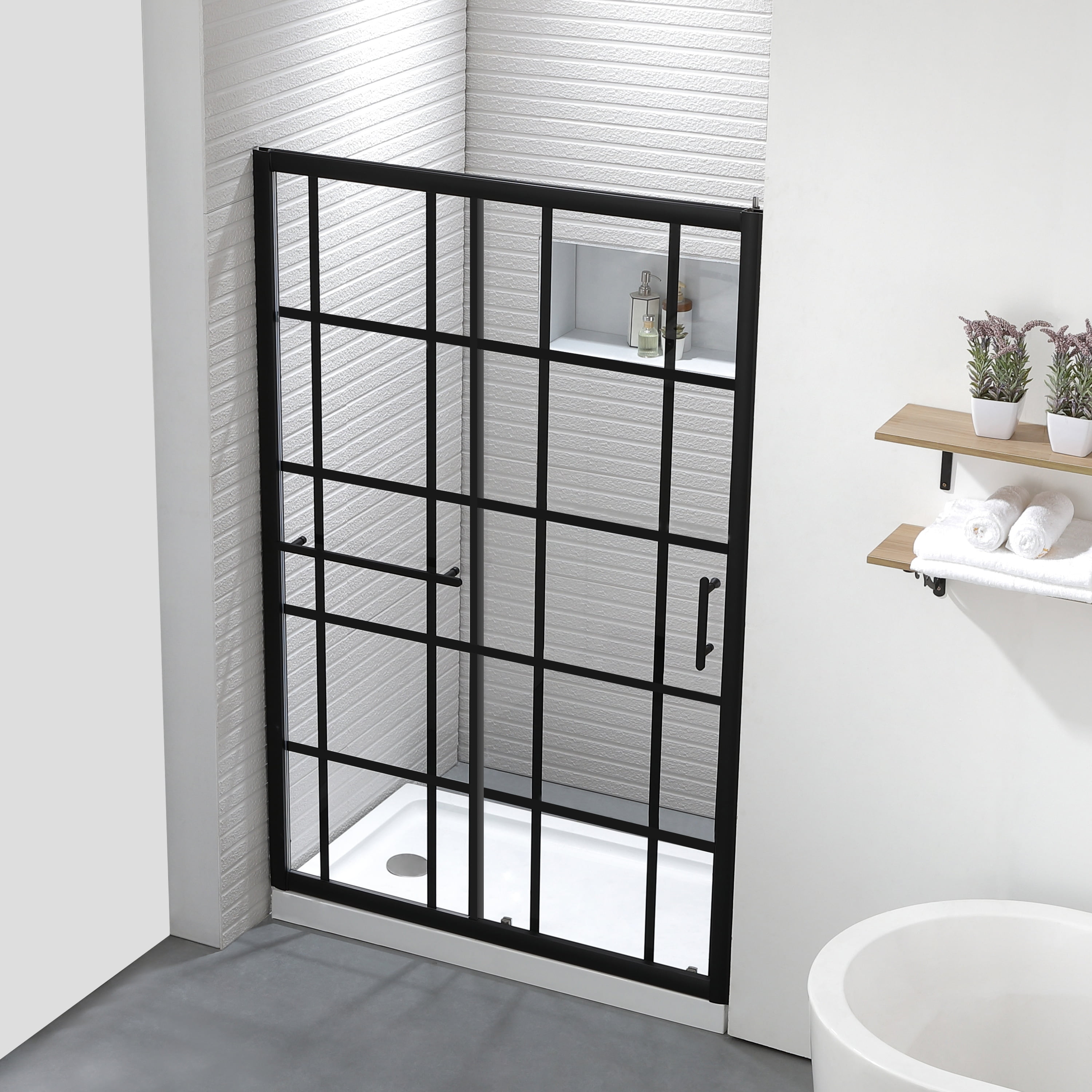 FELYL 48" x 72" Black Framed Sliding Shower Door with Clear Glass