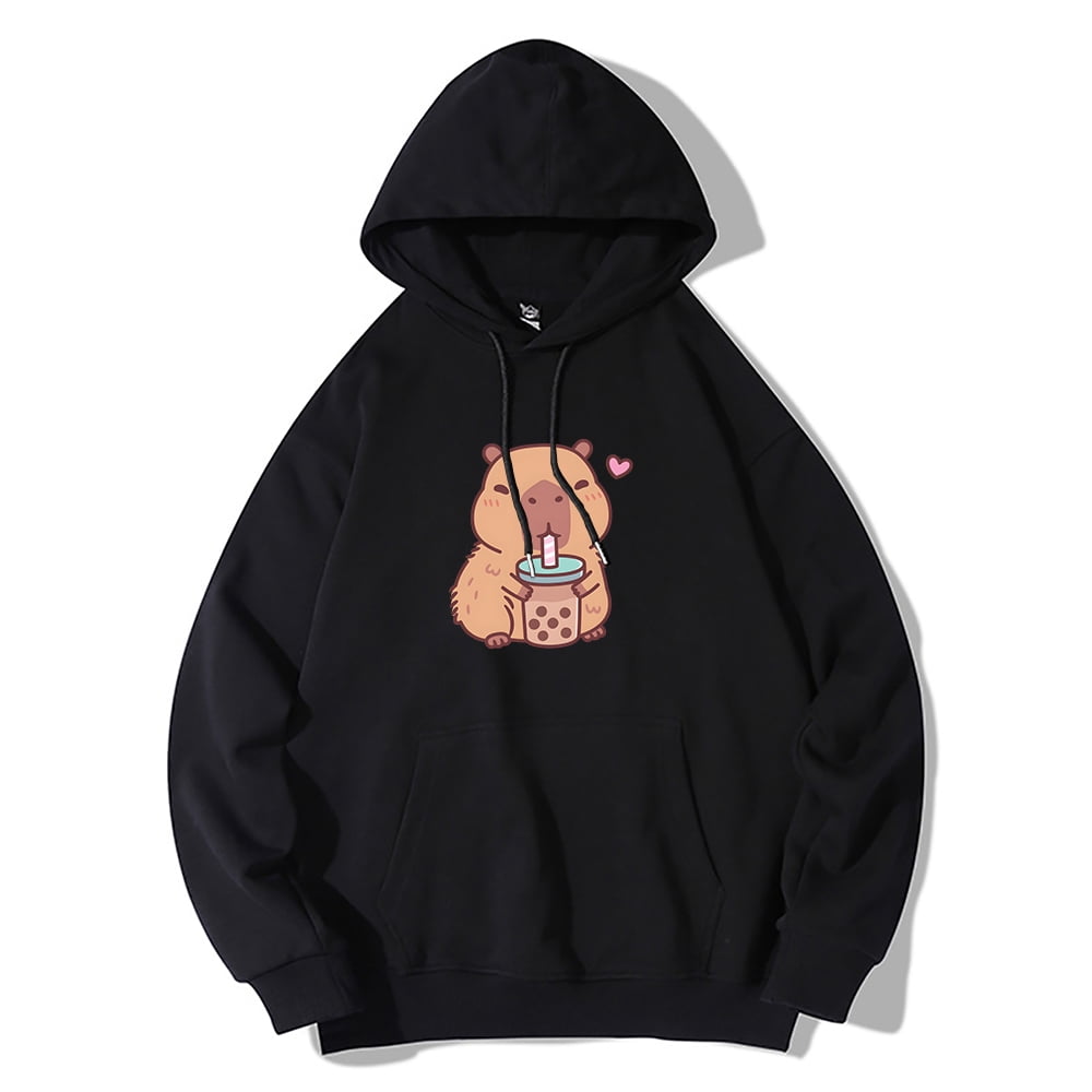 FEMBOY Capybara Hoodie Unisex Capybara Drink Milk Tea Graphic Print Pullover Hooded Sweatshirt M