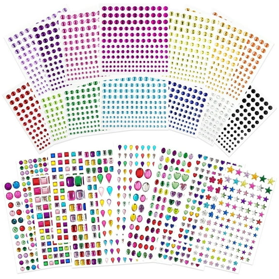 FEMBW 3510pcs Adhesive Various Shapes Gemstones, 28 Sheets Multicolor Rhinestones Gem Stickers for Crafting Makeup for Kids and Adults