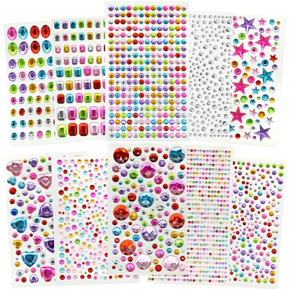 FEMBW Self Adhesive Rhinestones Gem Stickers, 10 Sheets 2442Pcs Multicolor Gemstones Pearls for DIY Crafting, Scrapbook, Makeup, 3-20mm