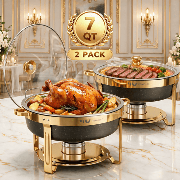 FEMCHIC 7QT Chafing Dish Buffet Set 2 Pack, Black Stainless Steel Round Buffet Server Food Warmer w/ Glass Lid & Lid Holder for Parties Catering Events Weddings Banquets