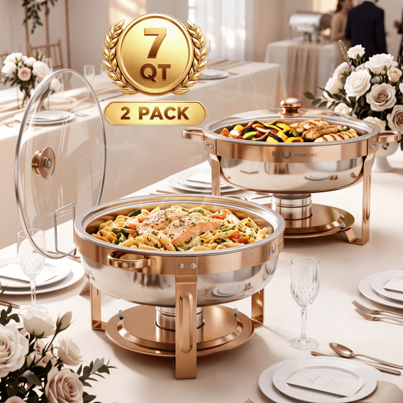 FEMCHIC Rose Gold Chafing Dish Buffet Set 2 Pack, 7QT Stainless Steel Round Buffet Server Food Warmer w/ Glass Lid & Lid Holder for Parties Catering Events Weddings Banquets
