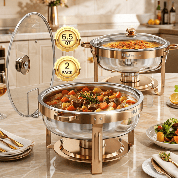 FEMCHIC 6.5QT Chafing Dish Buffet Set 2 Pack, Rose Gold Stainless Steel Round Buffet Server Food Warmer w/ Glass Lid & Lid Holder for Parties Catering Events Weddings Banquets