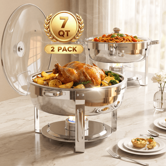 FEMCHIC 7QT Chafing Dish Buffet Set 2 Pack, Silver Round Buffet Server Food Warmer Stainless Steel w/ Glass Lid & Lid Holder for Parties Catering Events Weddings Banquets