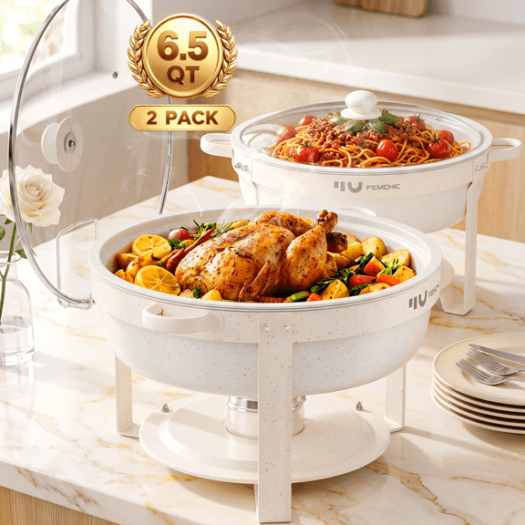 FEMCHIC 6.5QT Chafing Dish Buffet Set 2 Pack, White Maifanite-Coated Stainless Steel Round Buffet Server Food Warmer w/ Glass Lid & Lid Holder for Parties Catering Events Weddings Banquets