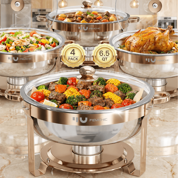 FEMCHIC 6.5QT Chafing Dish Buffet Set 4 Pack, Rose Gold Stainless Steel Round Buffet Server Food Warmer w/ Glass Lid & Lid Holder for Parties Catering Events Weddings Banquets