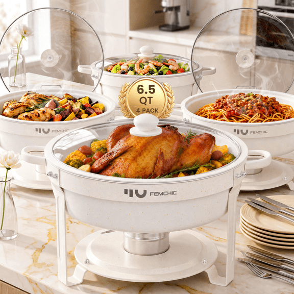 FEMCHIC 6.5QT Chafing Dish Buffet Set 4 Pack, White Maifanite-Coated Stainless Steel Round Buffet Server Food Warmer w/ Glass Lid & Lid Holder for Parties Catering Events Weddings Banquets